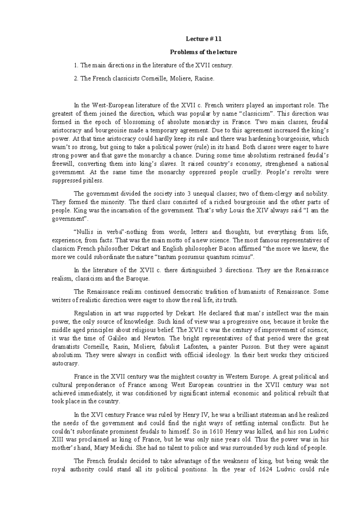 Lecture 11: Key Themes in 17th Century French Literature and Classicism ...