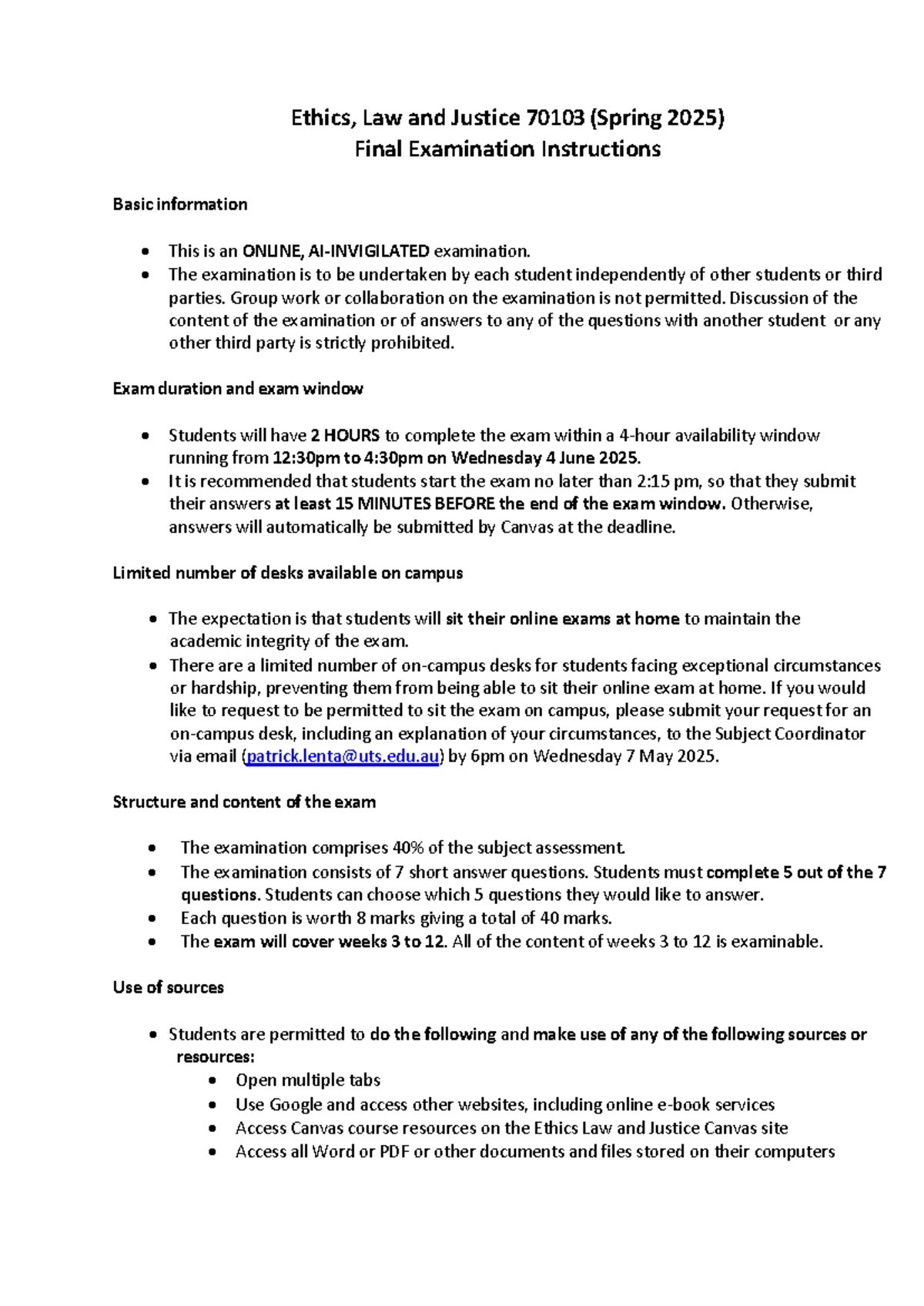 Ethics, Law and Justice 70103 (Spring 2025) Final Exam Guidelines - Studocu