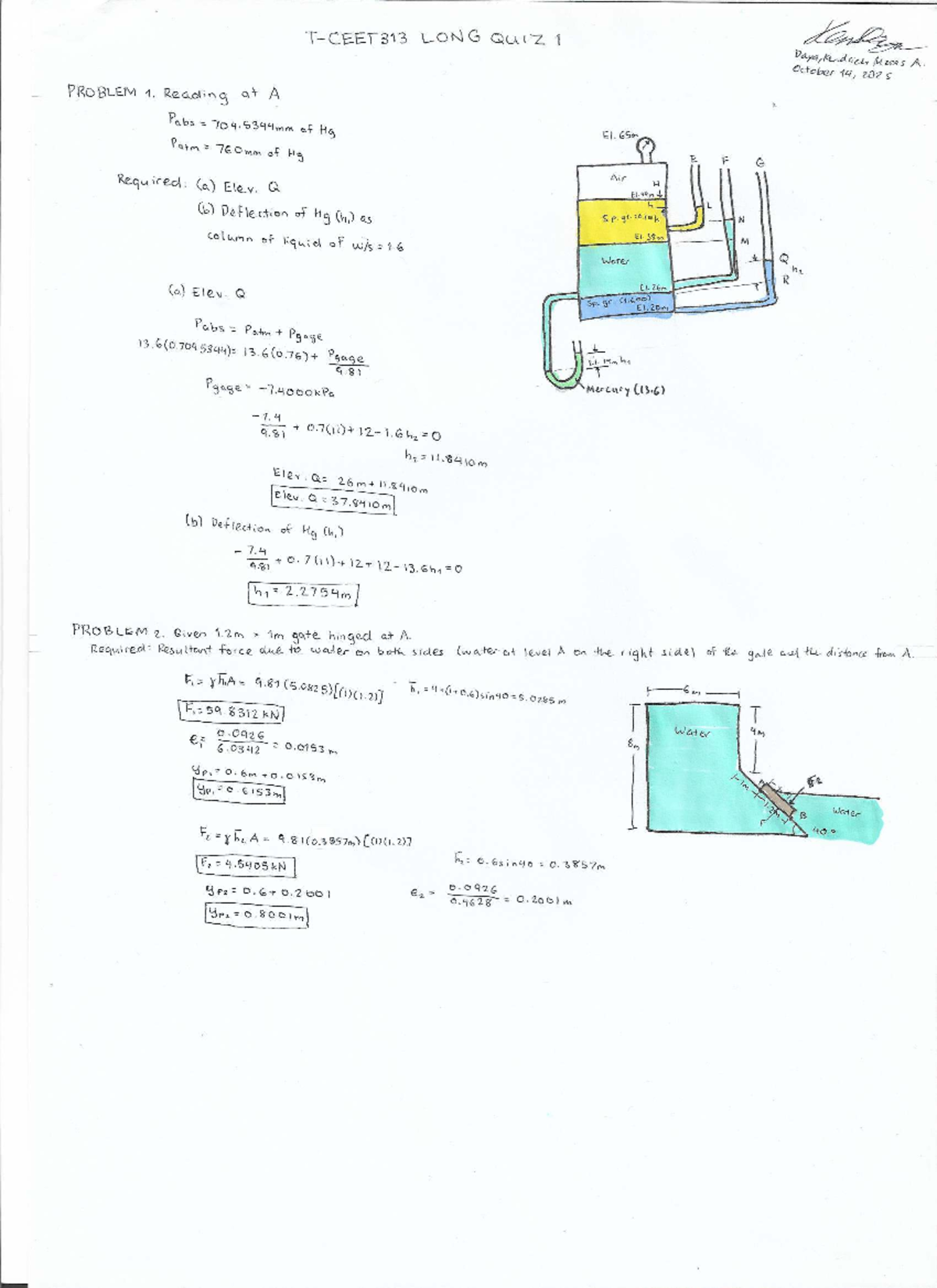 T-CEET313 2025-2026 Long Quiz 1: Fluid Mechanics Problems - Studocu