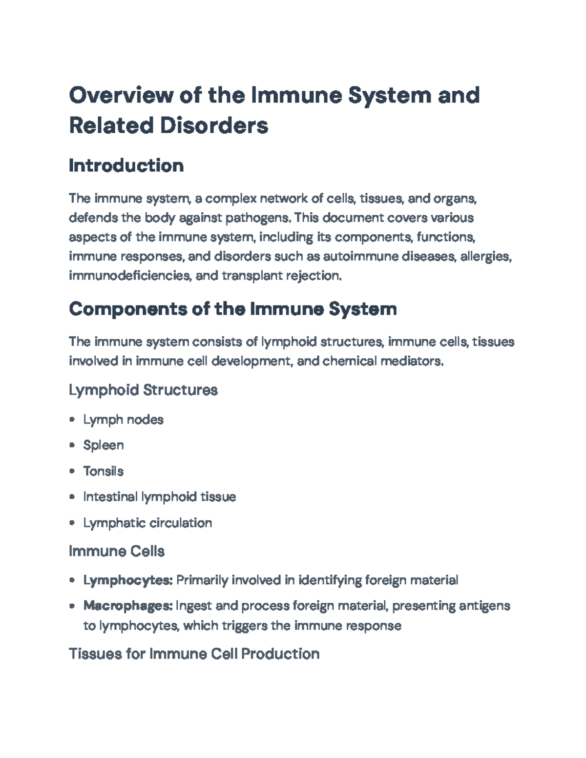 Overview of the Immune System and Related Disorders (BIO 101 ...