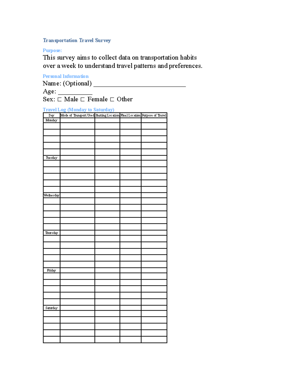 Transportation Travel Survey: Understanding Weekly Travel Patterns ...