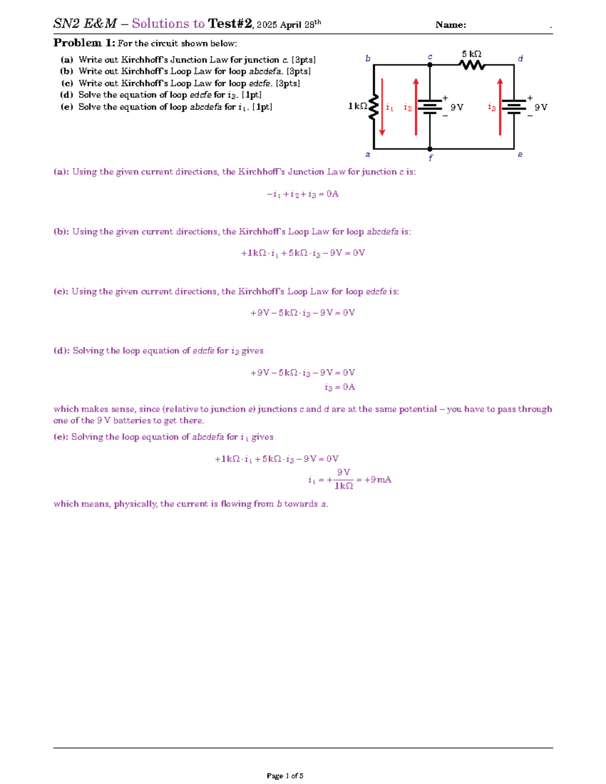 EM Test 2 Solutions for Circuits & Magnetism (2025-04-28) - Studocu