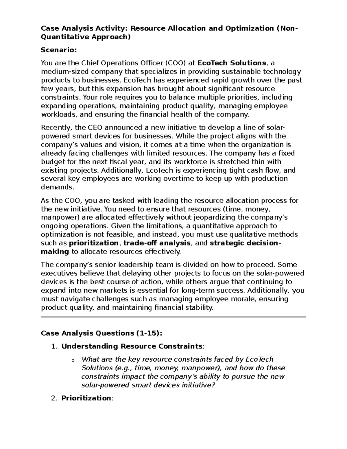Case Analysis Activity 3: Resource Allocation & Optimization Strategies ...