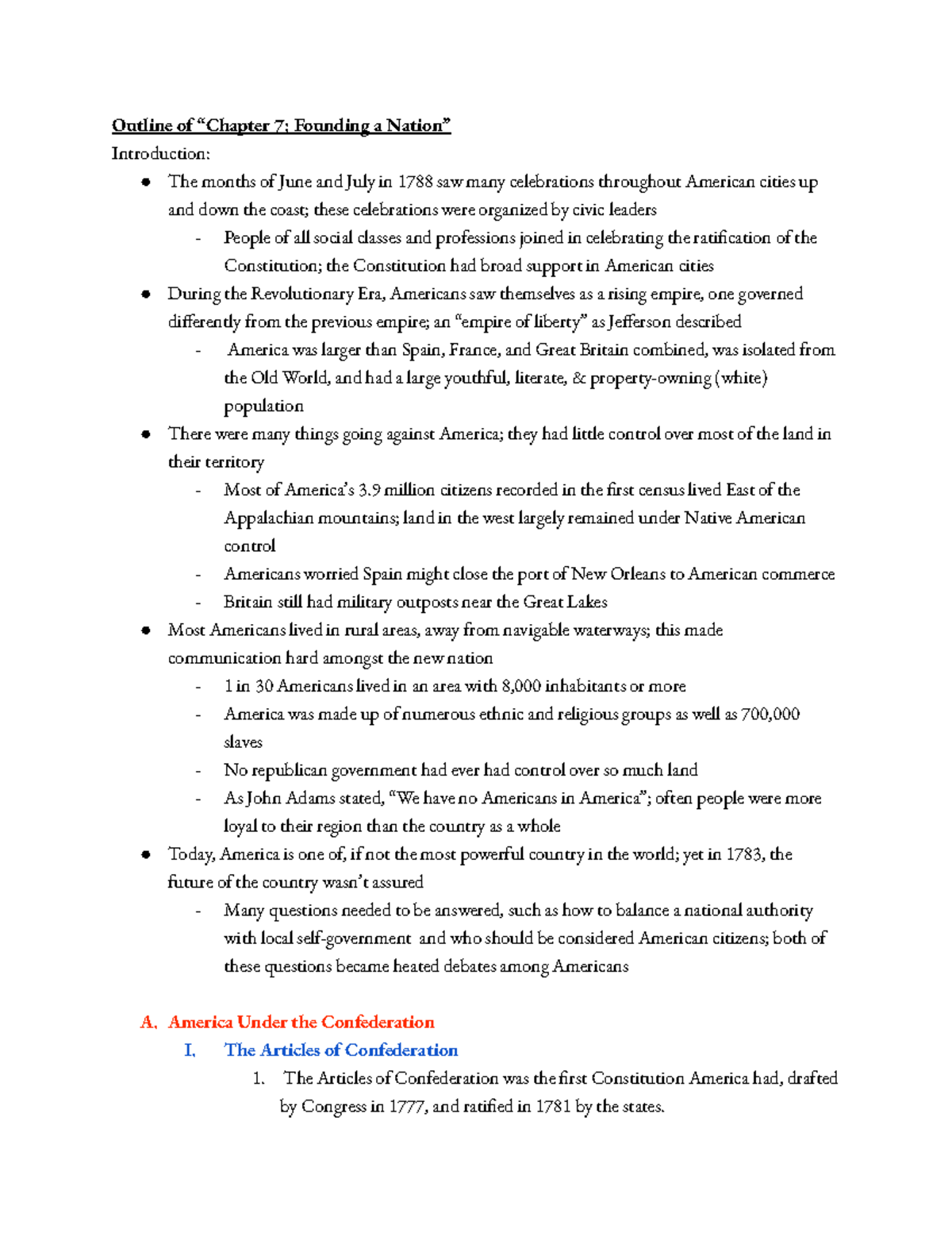 Chapter 7 Outline - Outline of “Chapter 7: Founding a Nation ...