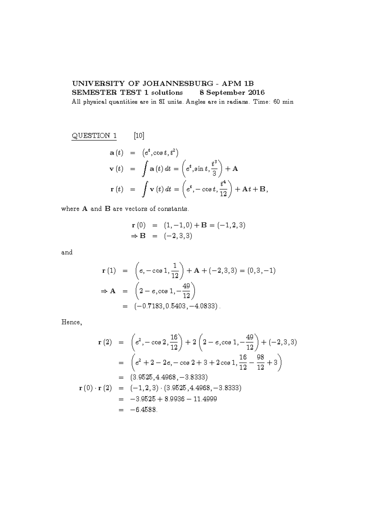 APM 1B - Semester Test 1 Solutions (University of Johannesburg) - Studocu