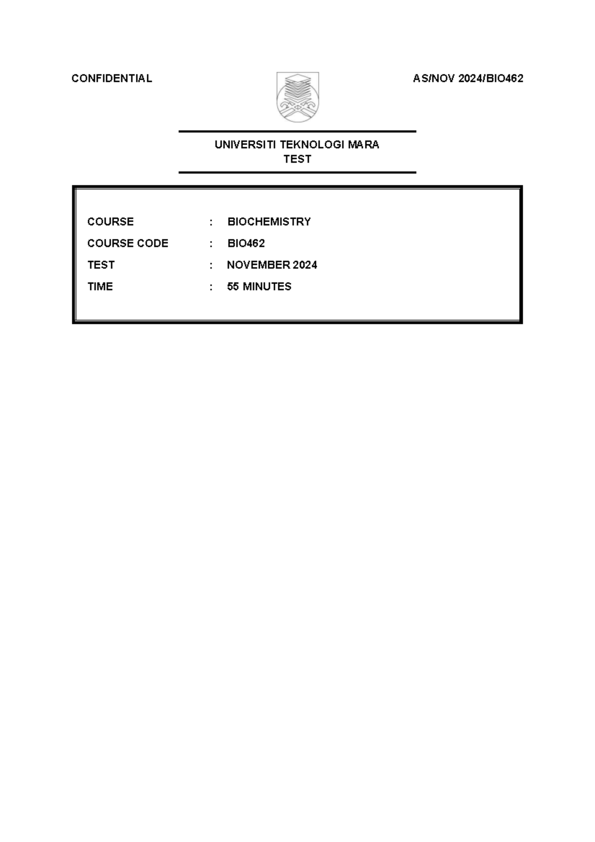 Test BIO462: Biochemistry November 2024 - Past Questions - Studocu