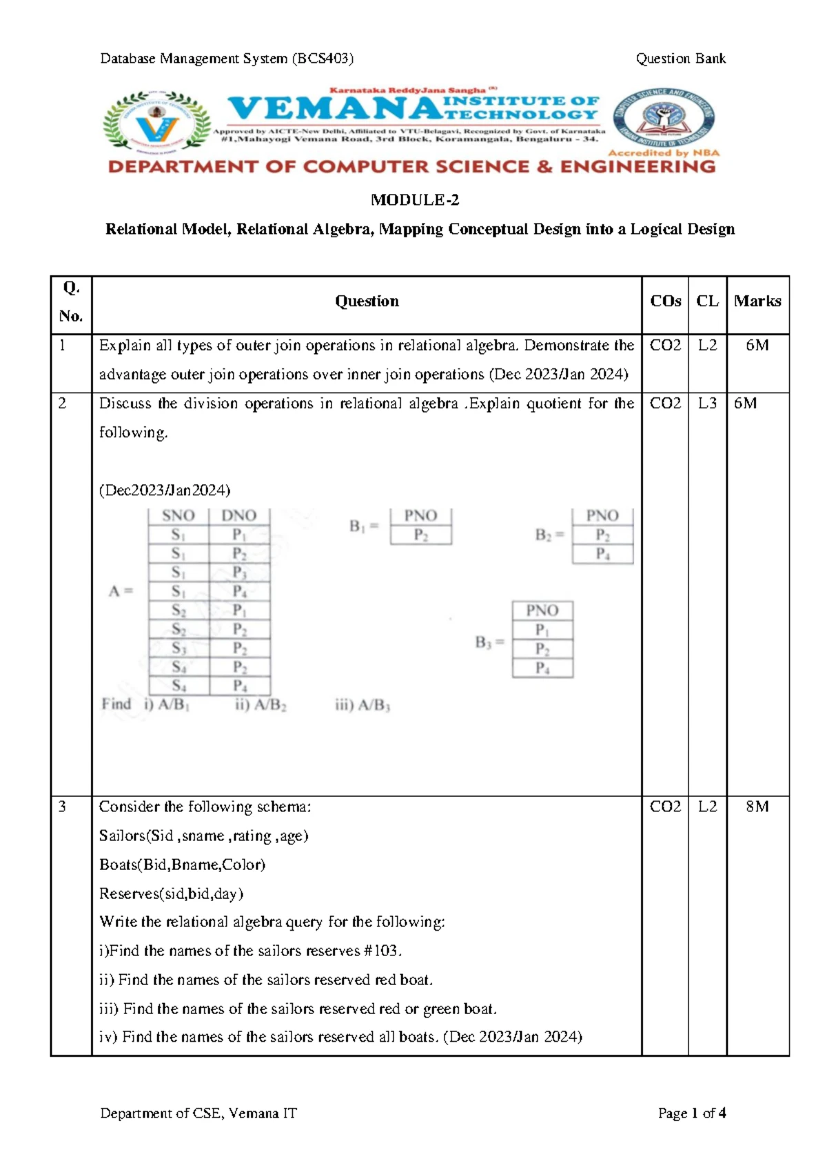 BCS403 DBMS Module 2 Question Bank: Relational Model & Algebra 2024 ...