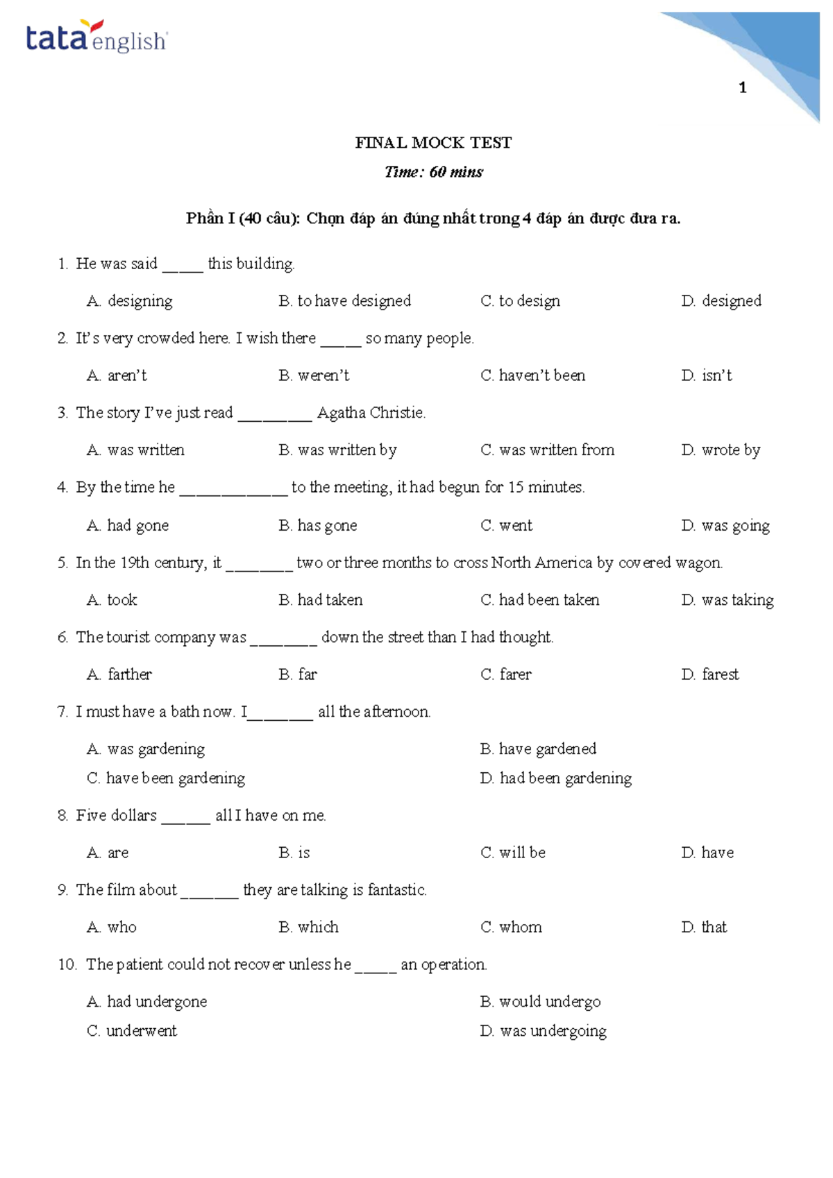 Final Mock Test for TOEIC Preparation - Studocu