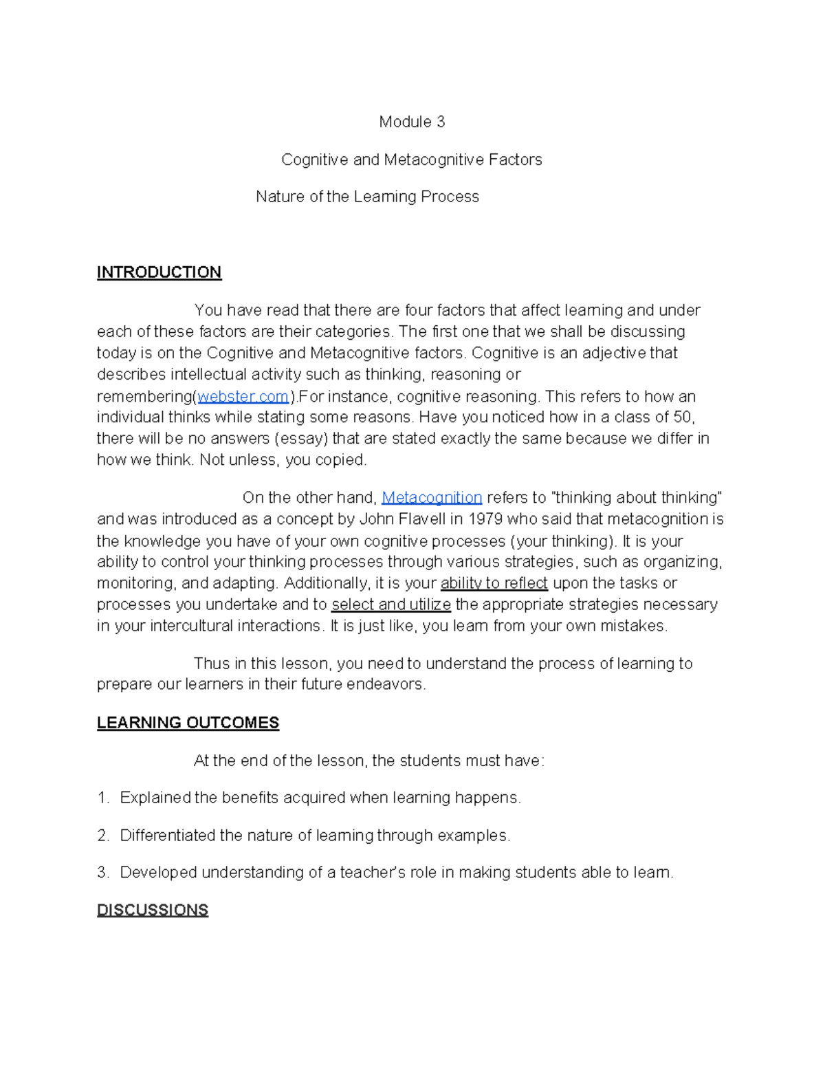 Module 3 - Understanding Cognitive & Metacognitive Factors in Learning ...