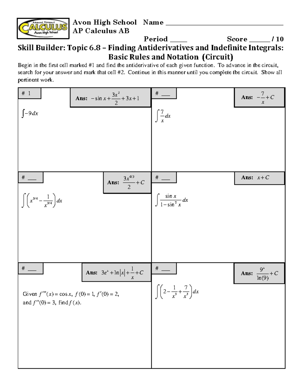 AP Calculus AB Skill Builder: Antiderivatives & Integration Techniques ...