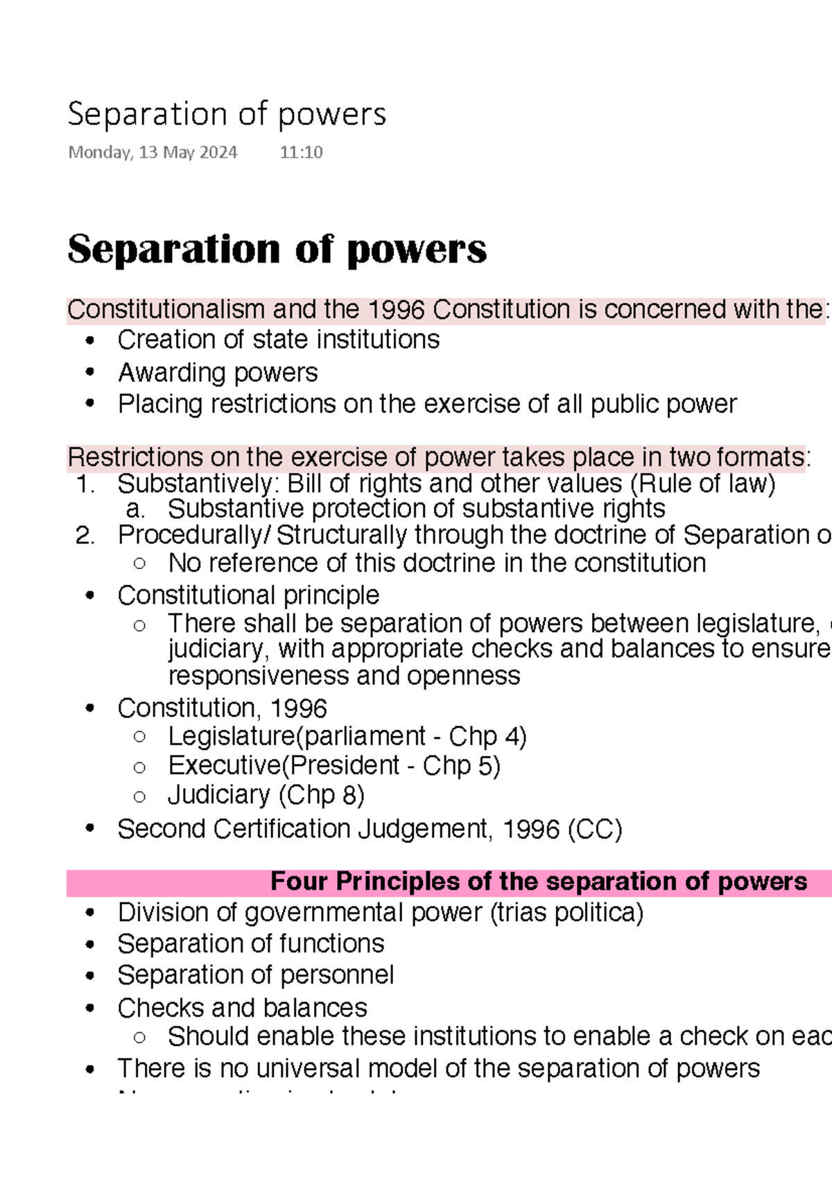 Separation of Powers - Lecture Notes on Constitutionalism (Law 101 ...
