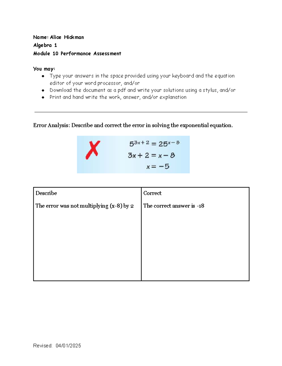 Copy of M10 Performance Assessment - 2025 - Name: Alice Hickman Algebra ...