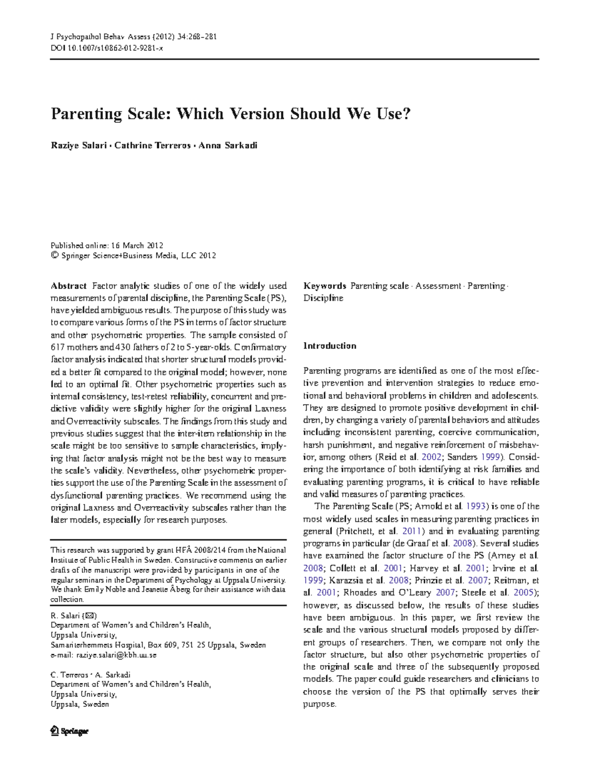 Parenting Scale Analysis: Comparing Factor Structures and Validity ...