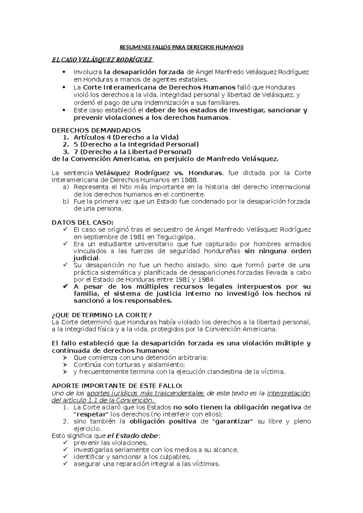 Resumen de Fallos de Derechos Humanos: Caso Velásquez Rodríguez - Studocu