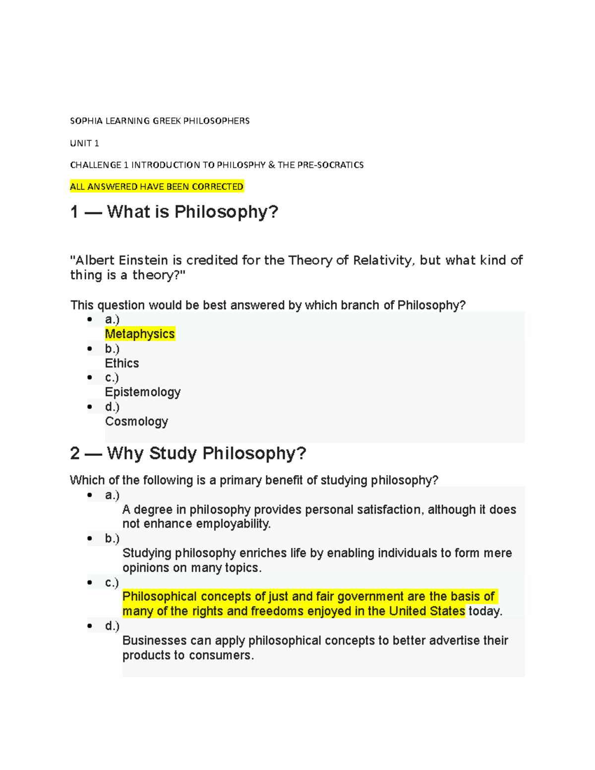SOPHIA LEARNING: UNIT 1 CHALLENGE 1 - INTRO TO PHILOSOPHY & PRE ...