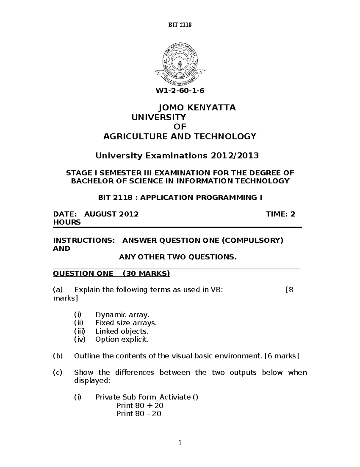 BIT 2118 Application Programming I - W1-2-60-1- JOMO KENYATTA ...