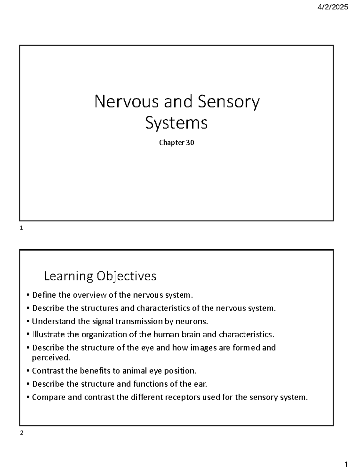 Nervous System and Sensory Processing Overview (BIO 101 Lecture Notes ...