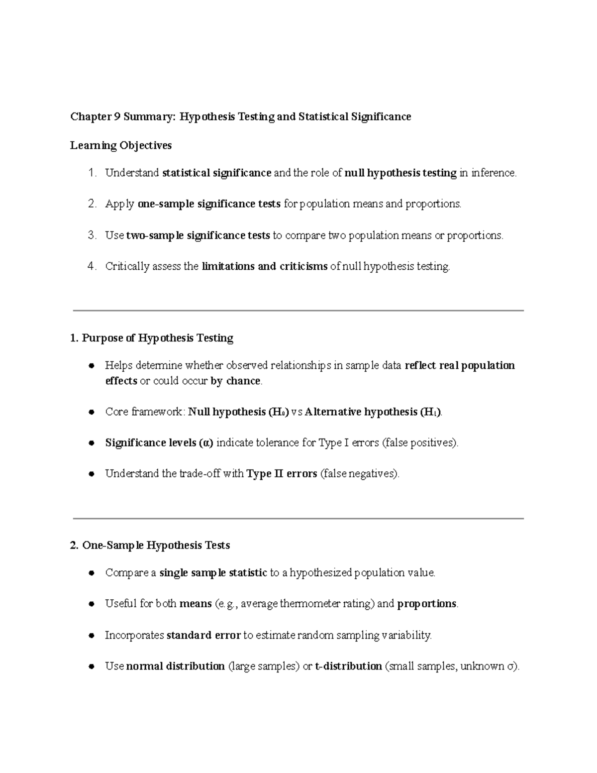 Chapter 9 Summary: Hypothesis Testing and Statistical Significance ...