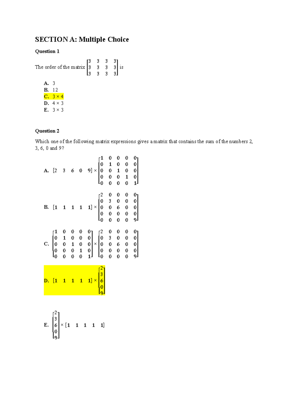 Matrices SAC Solutions - Section A Multiple Choice Questions - Studocu