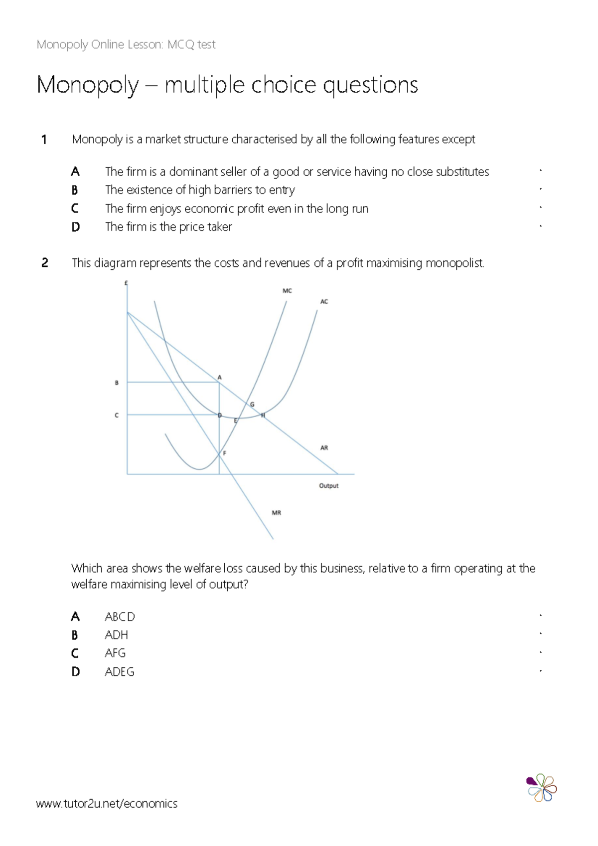 Monopoly-MCQs - Lecture notes - Monopoly – multiple choice questions 1 ...
