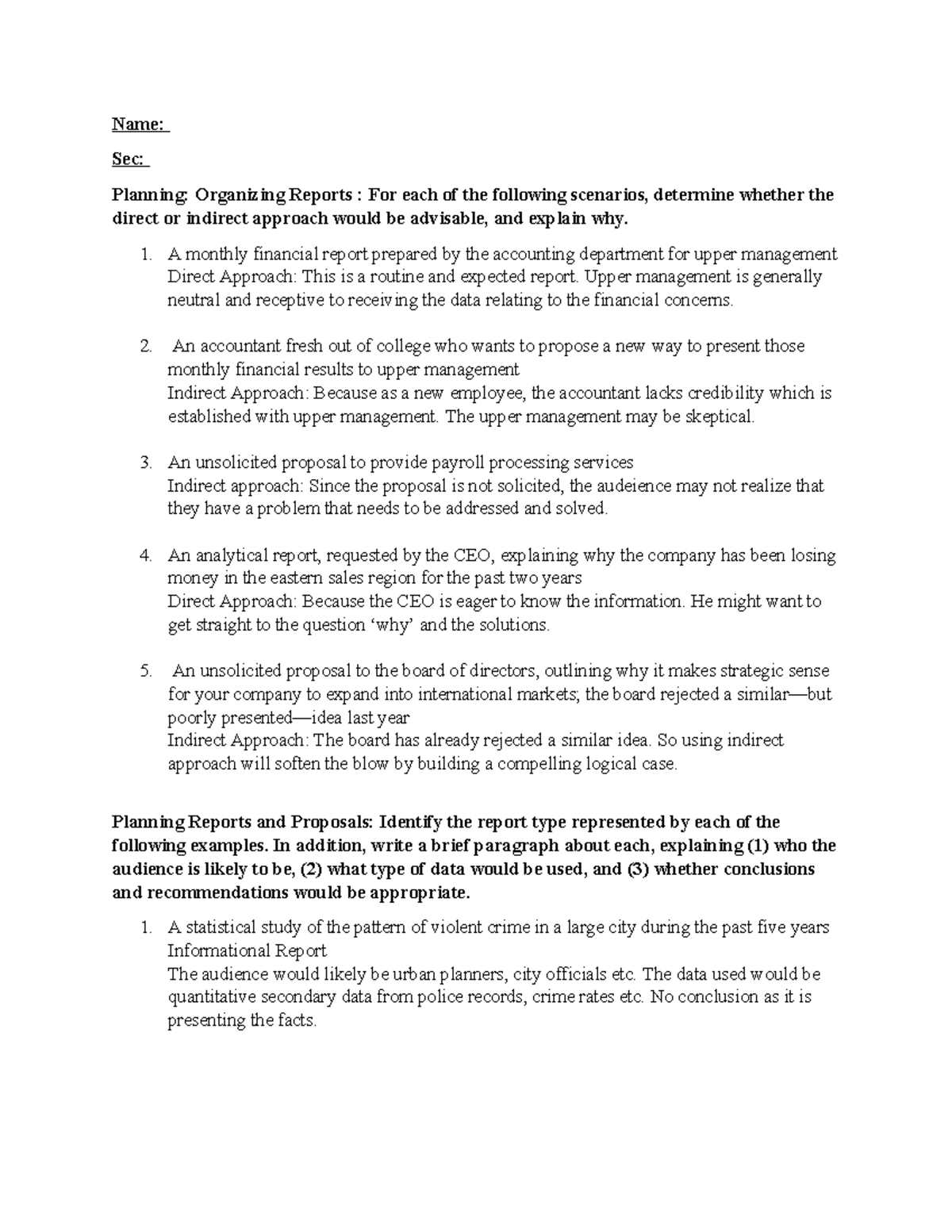 Planning Reports and Proposals: Direct vs. Indirect Approaches (Sec ...
