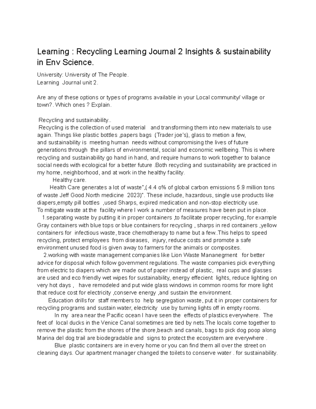Learning Journal 2: Insights on Recycling & Sustainability in Env ...