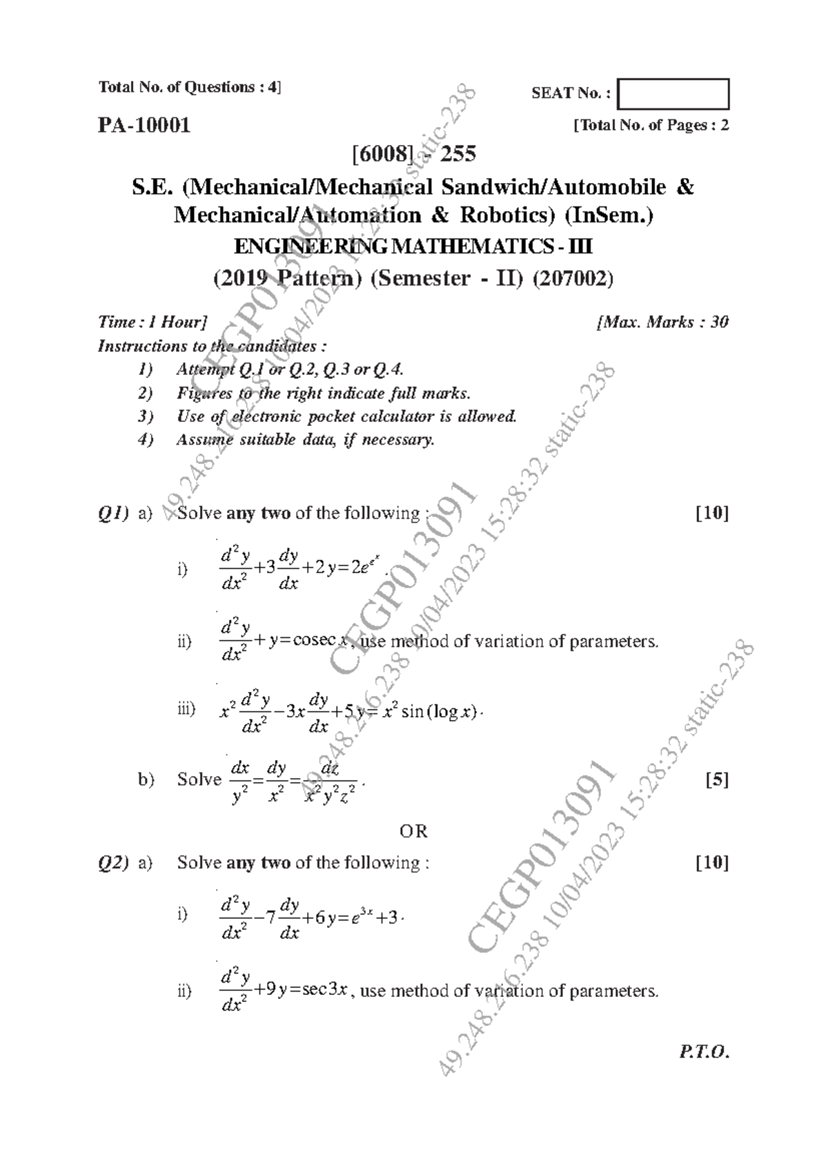 Engineering Mathematics - III In-semester Exam (2019 Pattern, 207002 ...