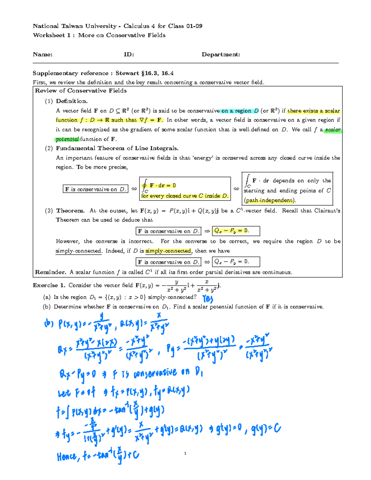 Calculus 4 Worksheet 1: More on Conservative Fields 參考解答 - Studocu