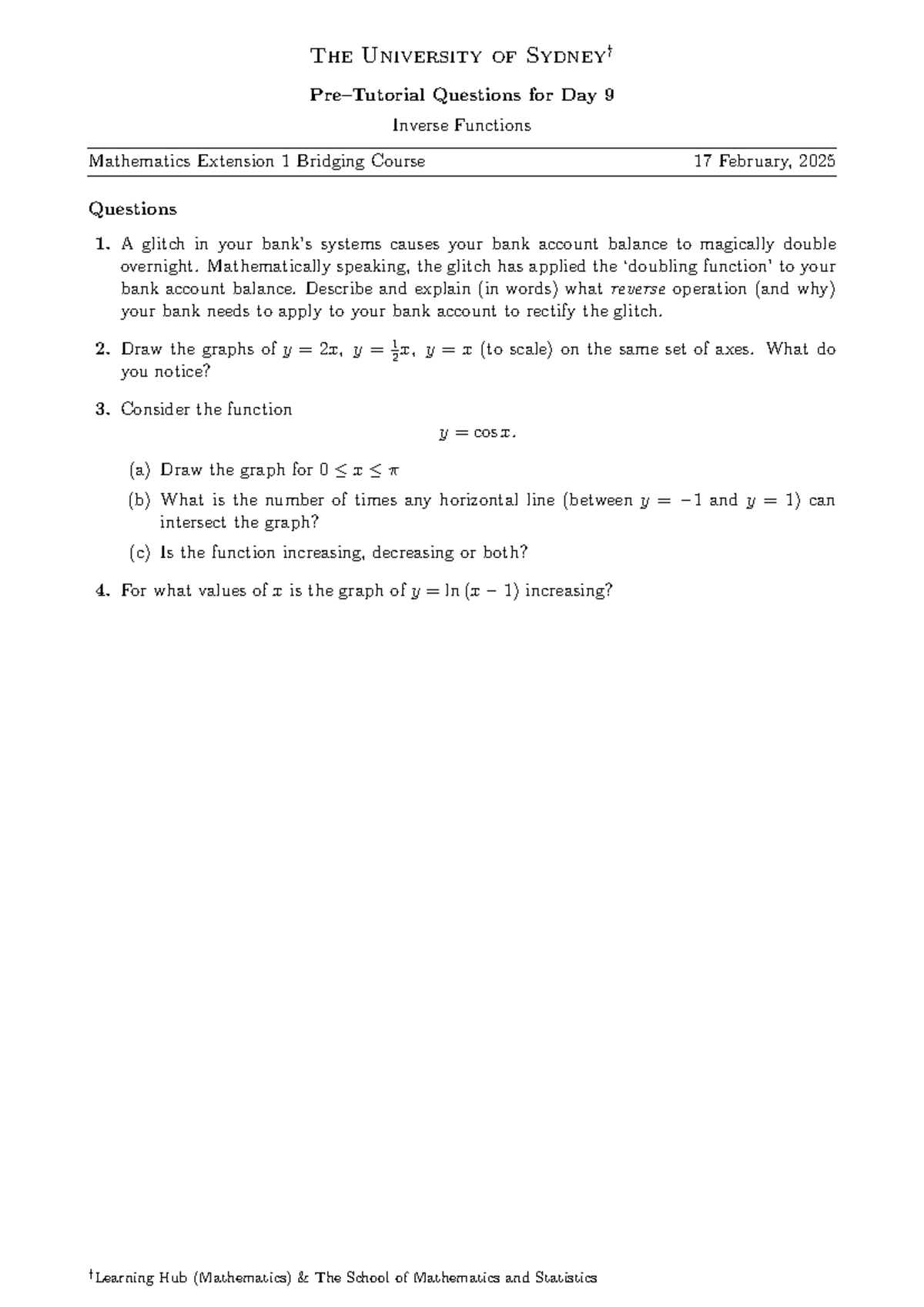 Day 9 Practice Questions on Inverse Functions - Math Ext 1 Bridging ...