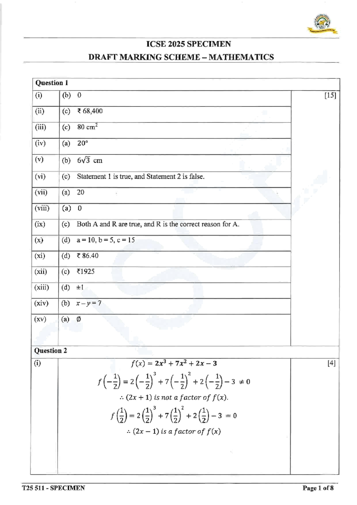 CISCE ICSE 2025 Specimen Draft Marking Scheme - Mathematics T25 511 ...