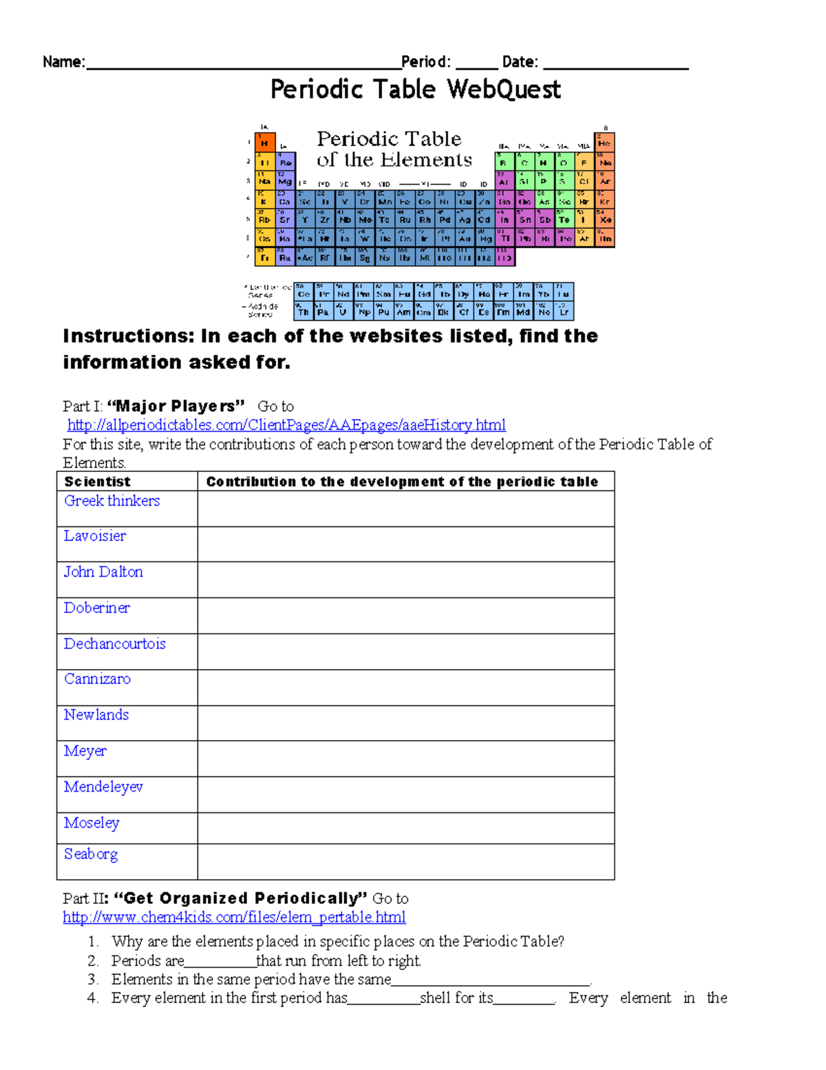 Periodic Table WebQuest: Exploring Elements and Trends - Studocu