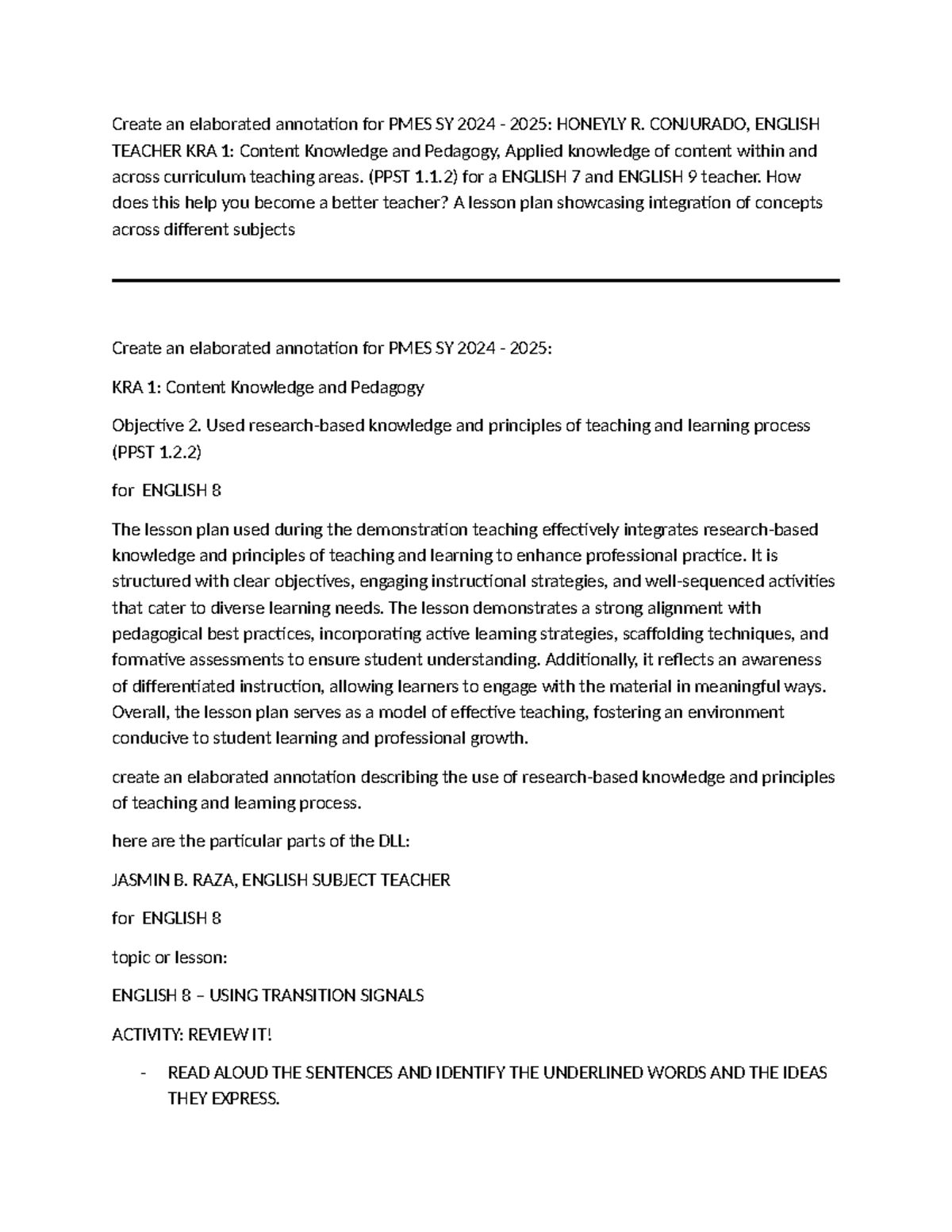 Elaborated Annotations for PMES SY 2024-2025: KRA 1-4 for English ...