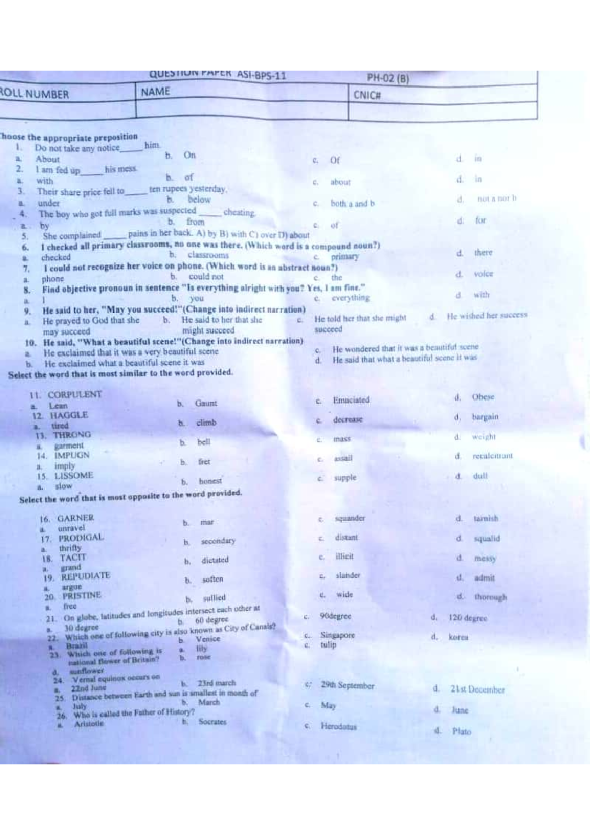 ASF Test Past Paper (B) - Prepositions and General Knowledge Questions ...