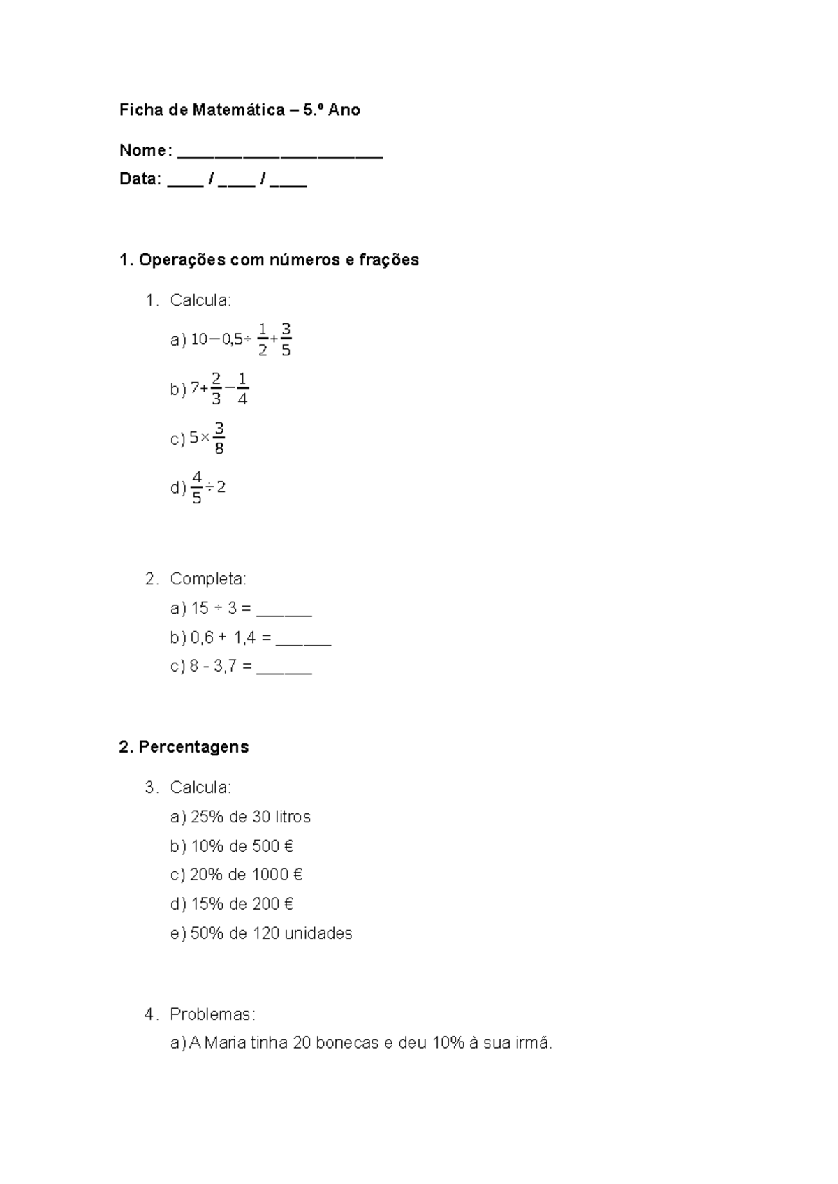 MAT5 4 - Ficha de Matemática: Operações e Percentagens 5.º Ano - Studocu