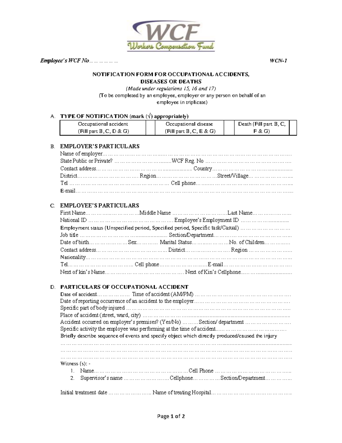 WCN 1 Notification Form for Occupational Accidents & Diseases - Studocu