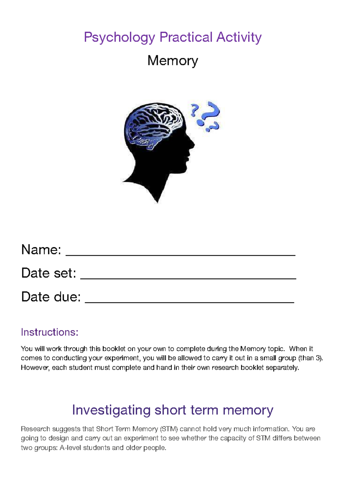 Psychology 101: Memory Practical Activity Guidelines - Studocu