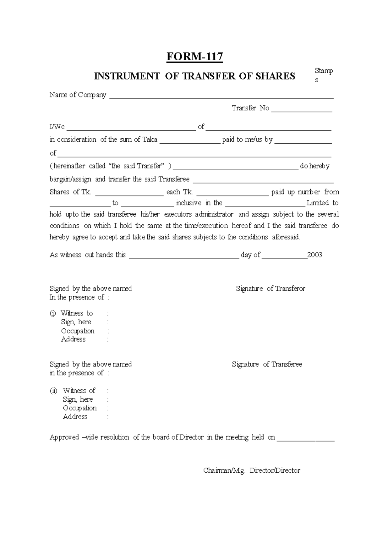 RJSC-FORM-117 - Instrument of Transfer of Shares Document - Studocu