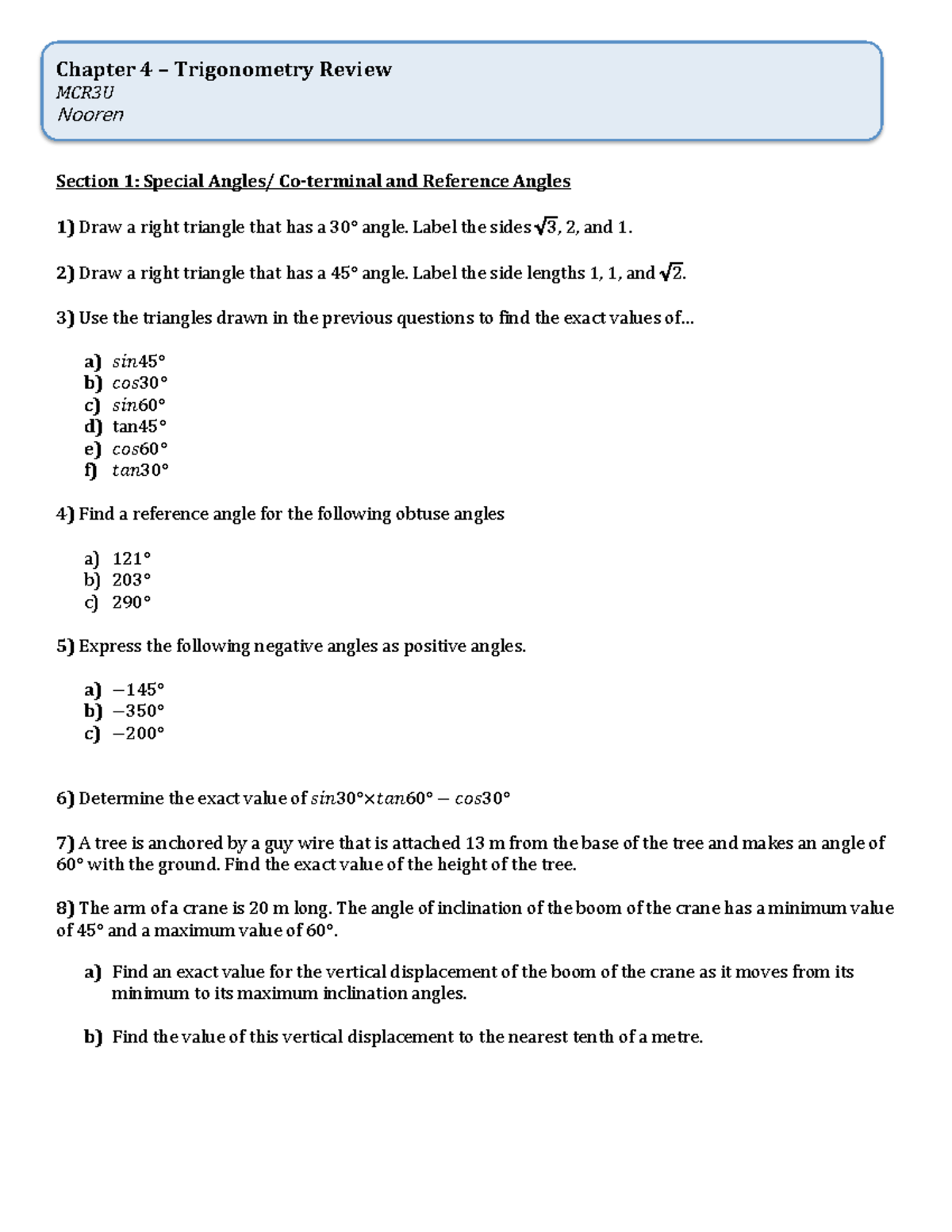 MCR3U Chapter 4 Trigonometry Review: Special Angles & Values - Studocu