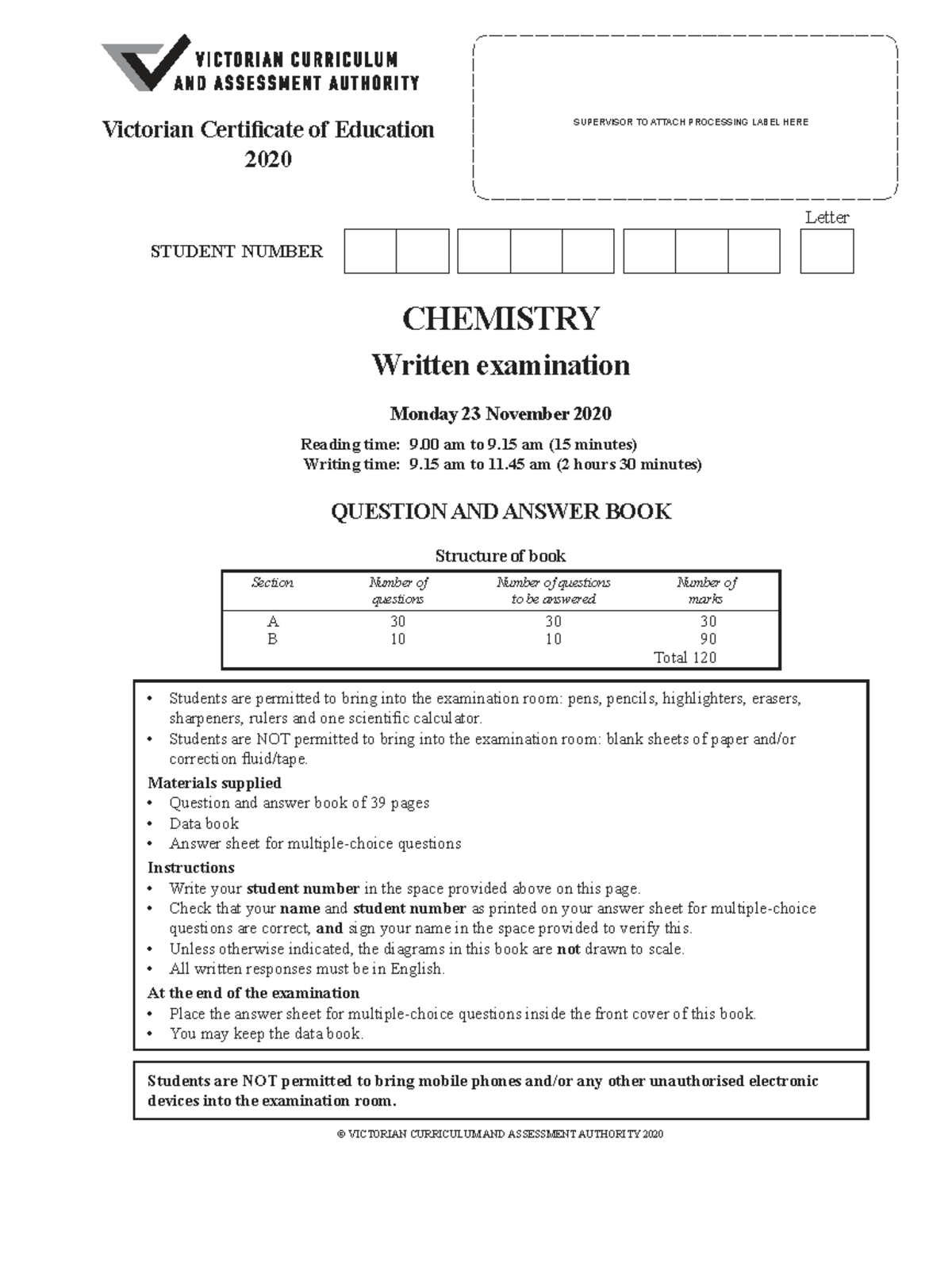 2020 VCE Chemistry Exam: Supervisor Instructions & Question Book - Studocu