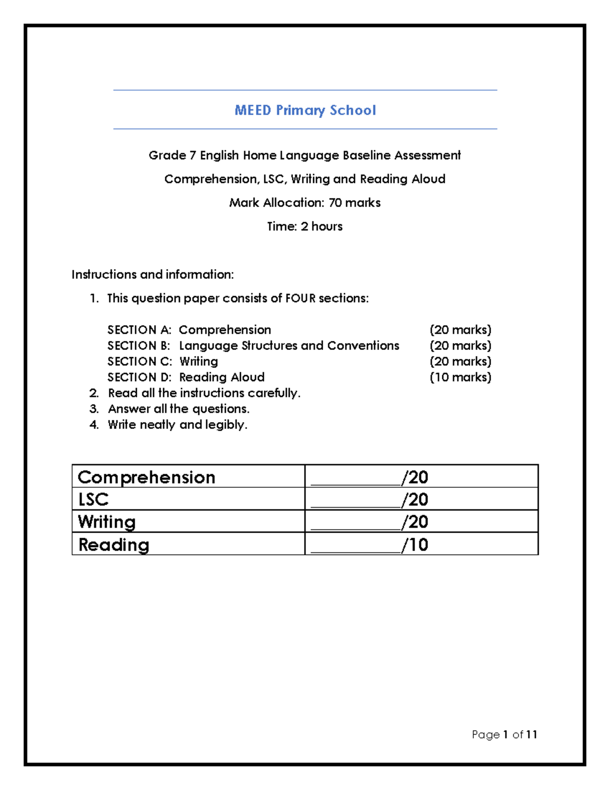 Grade 7 English HL Baseline Assessment: Comprehension & Writing Tasks ...