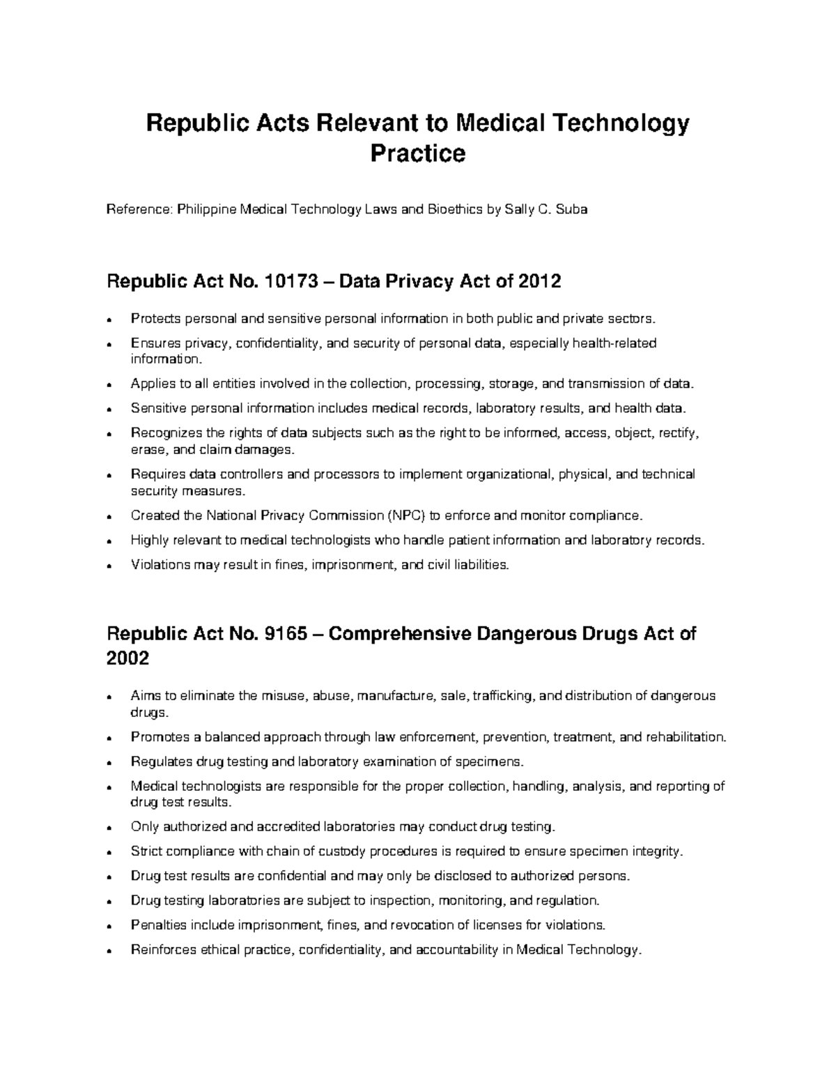 Med Tech Laws: RA 10173 & RA 9165 Overview by Suba - Studocu
