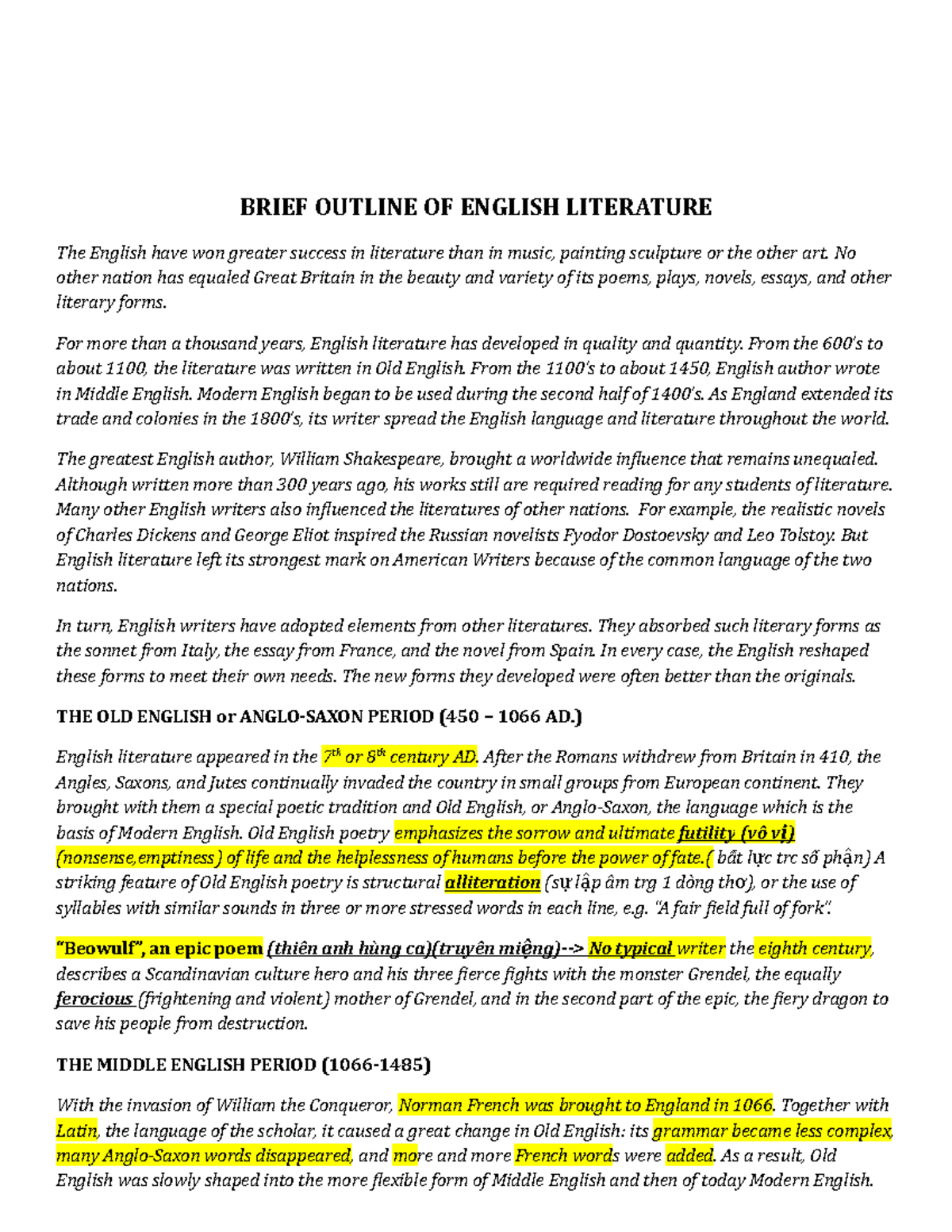 Outline of English Literature: Key Periods and Influences - Studocu