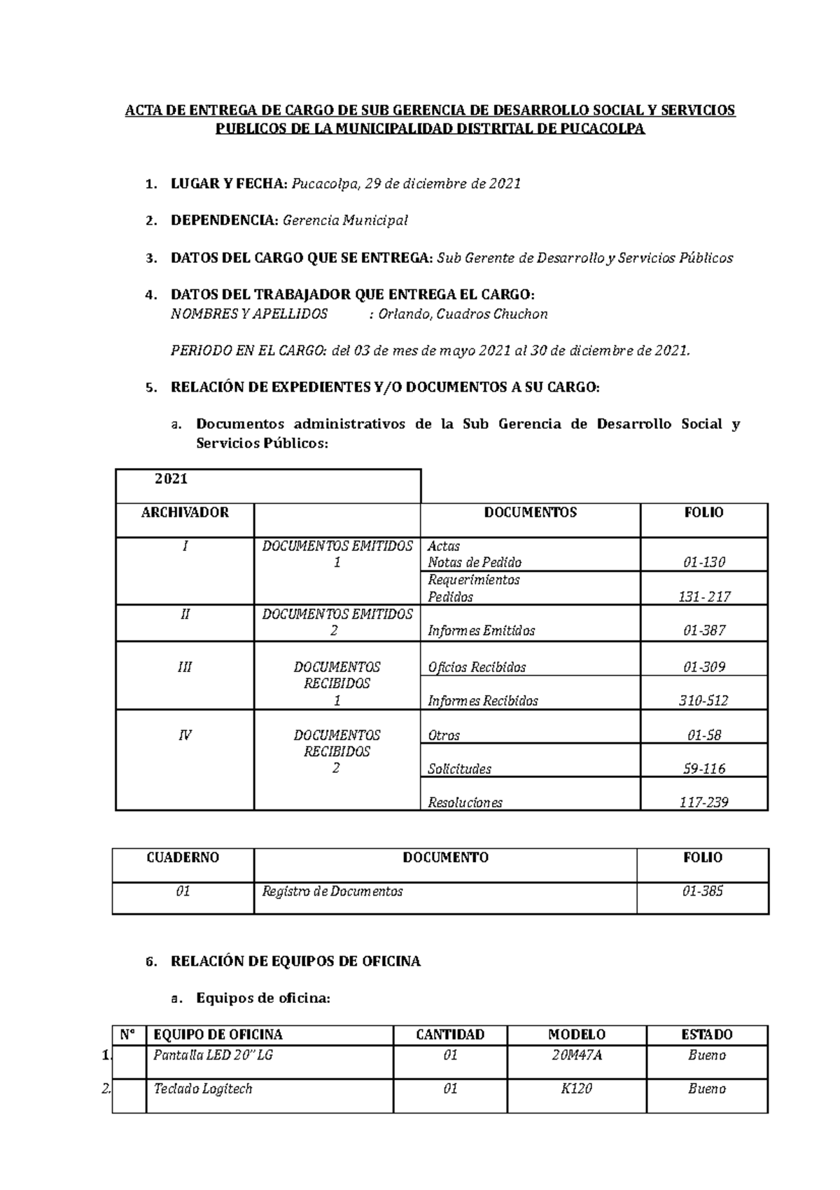 ACTA DE ENTREGA DE CARGO - SGDSSP 2021 - MUNICIPALIDAD PUCACOLPA - Document Preview