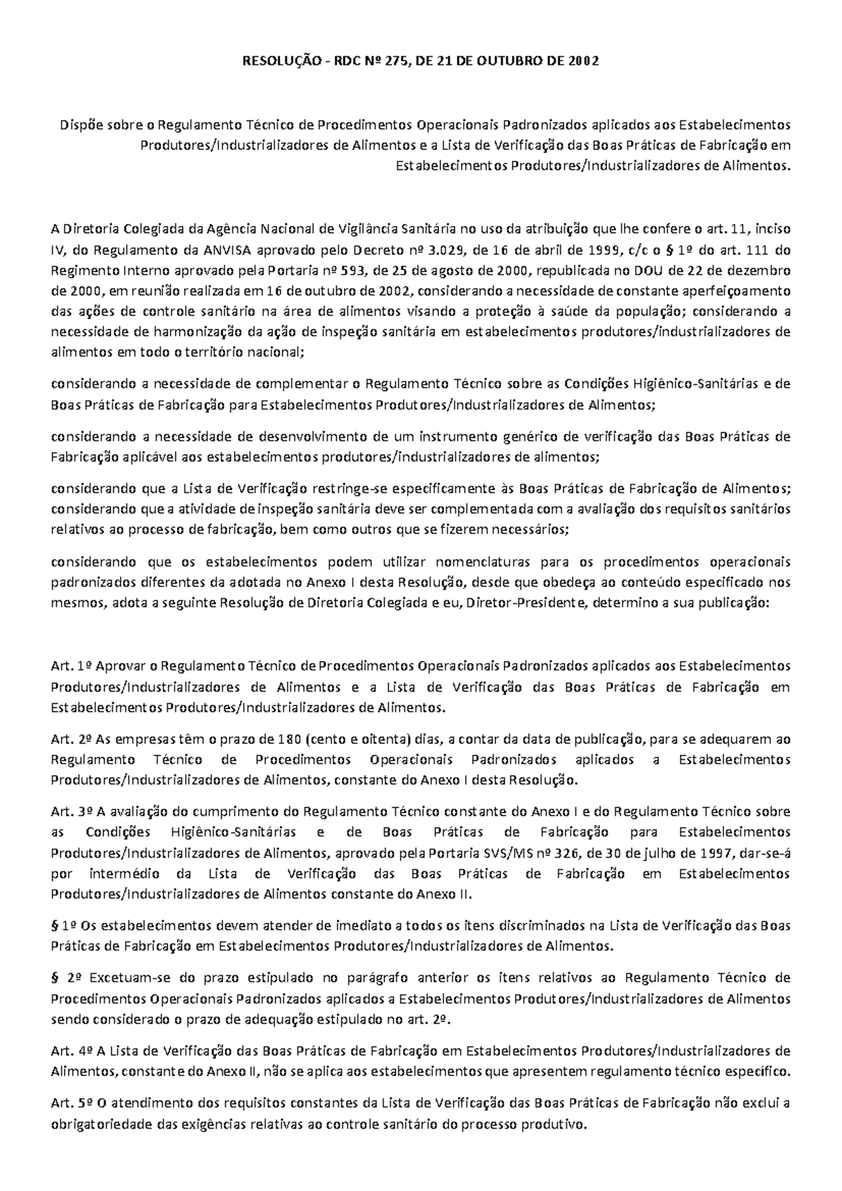 RDC 275/2002 - Regulamento Técnico e Boas Práticas de Fabricação - Studocu