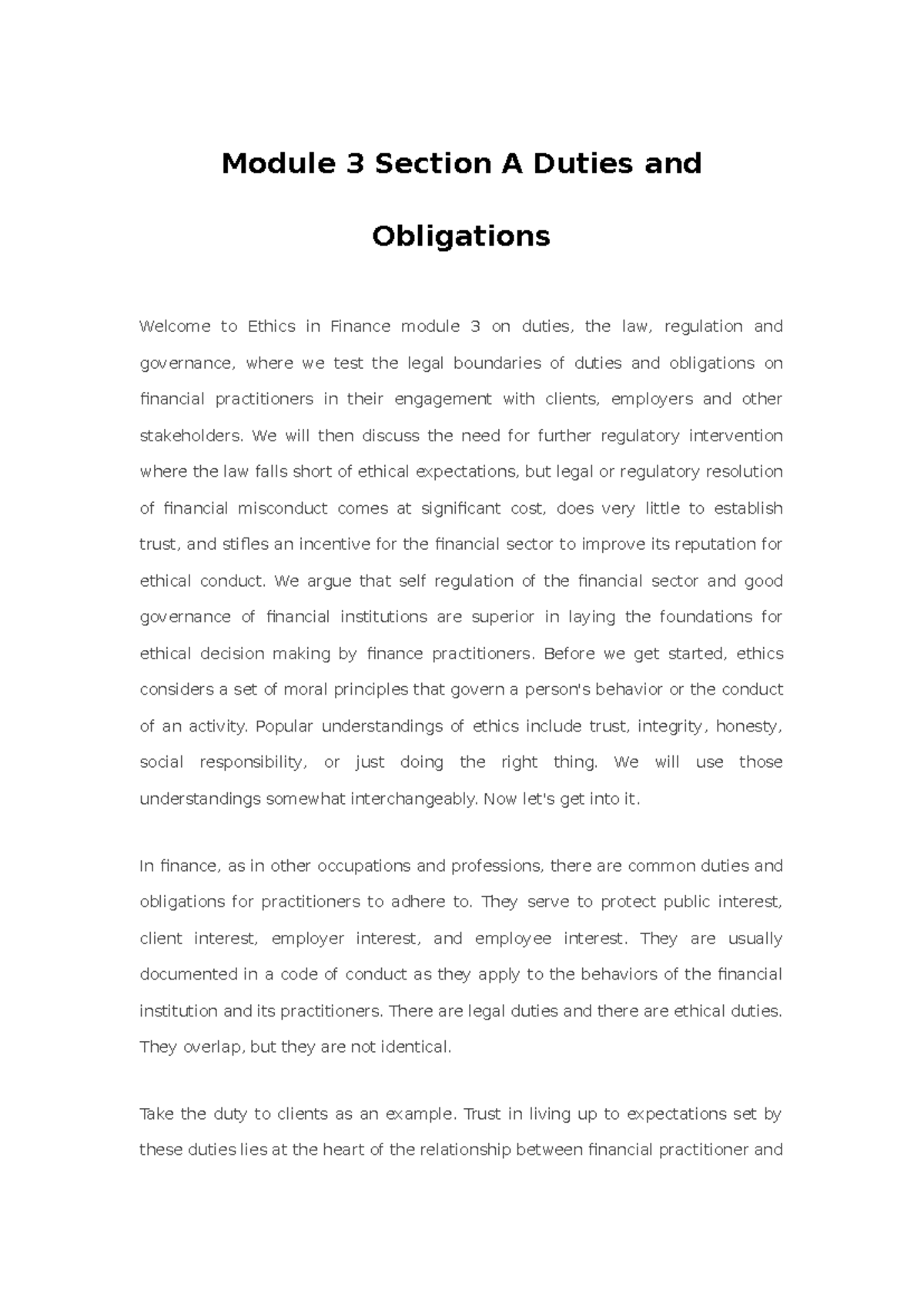Module 3 Sec A: Duties & Obligations in Finance Ethics Analysis - Studocu