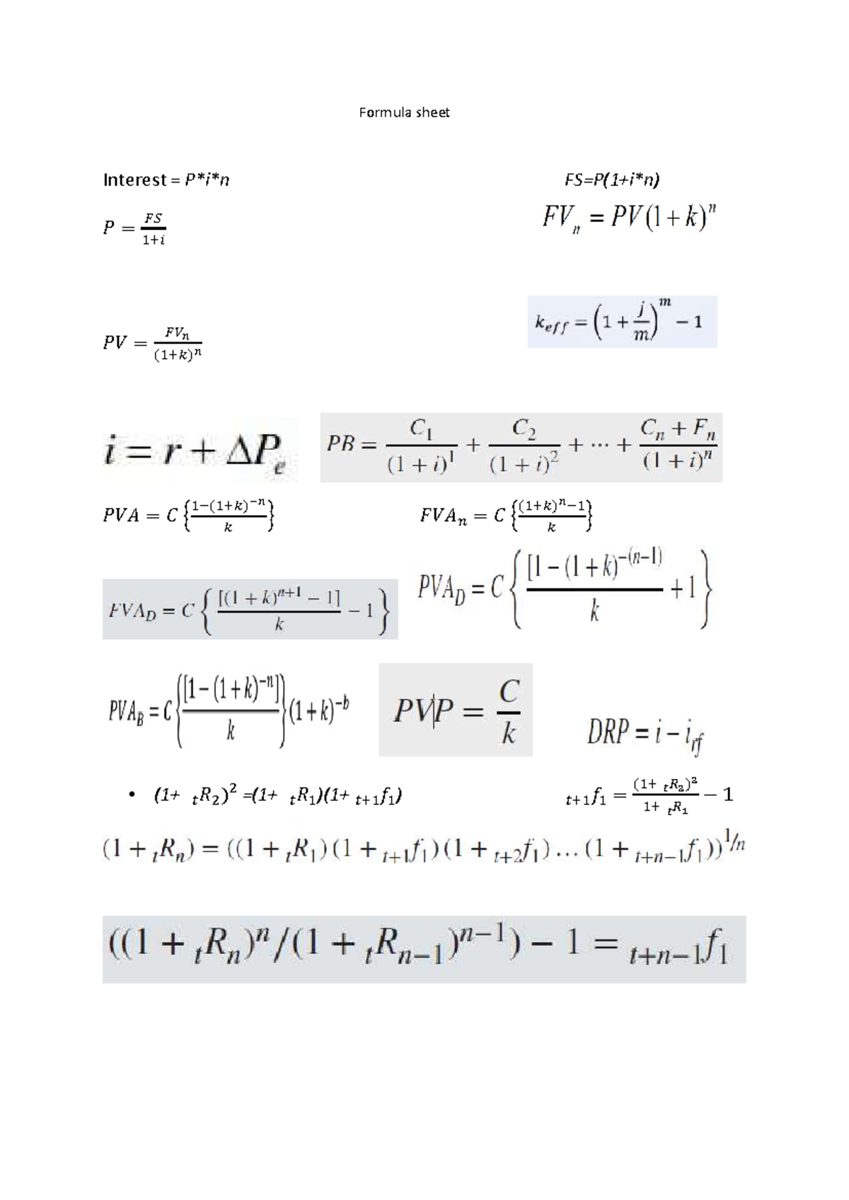 Formula sheet - Summary Financial Markets, Institutions and Instruments ...