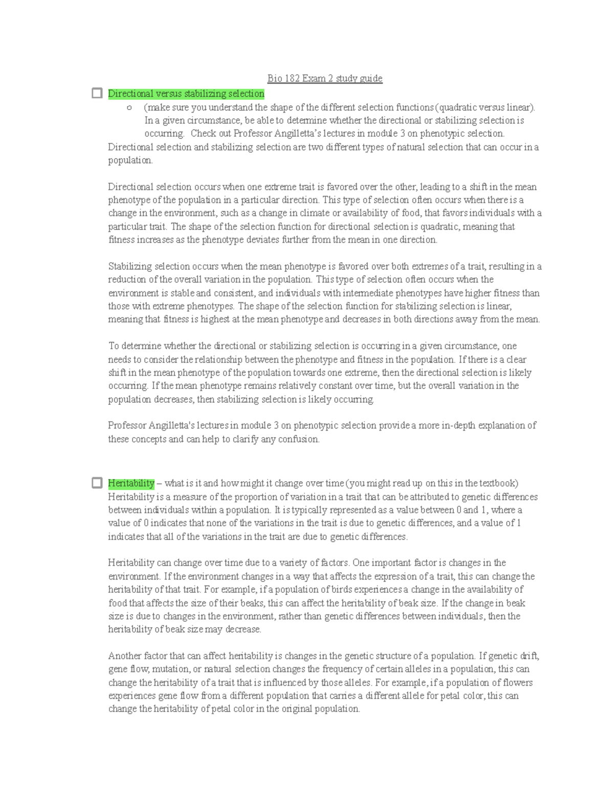 BIO 182 Exam 2: Comprehensive Study Guide on Natural Selection - Studocu