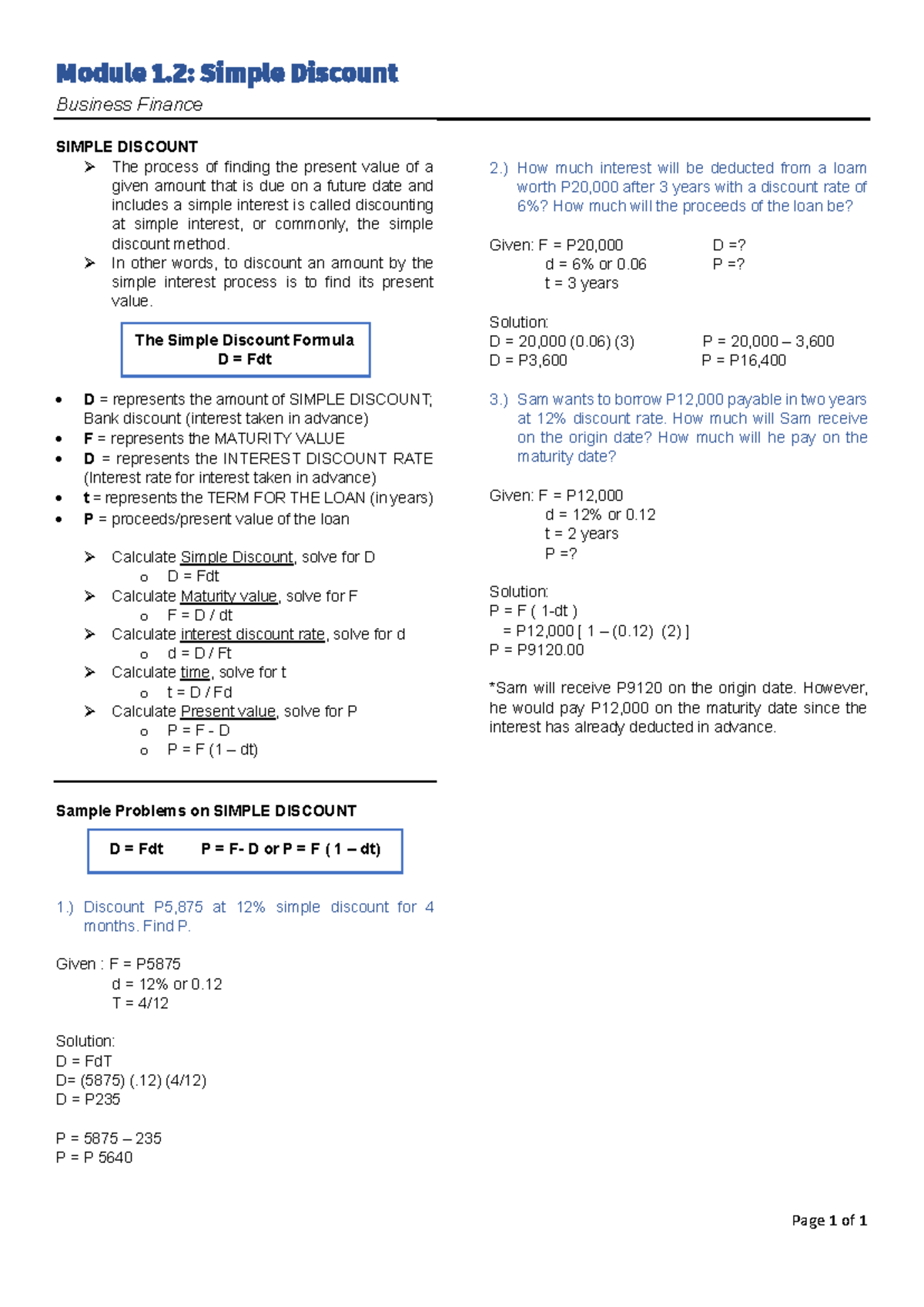Module 1.2: Simple Discount in Business Finance - Lecture Notes - Studocu