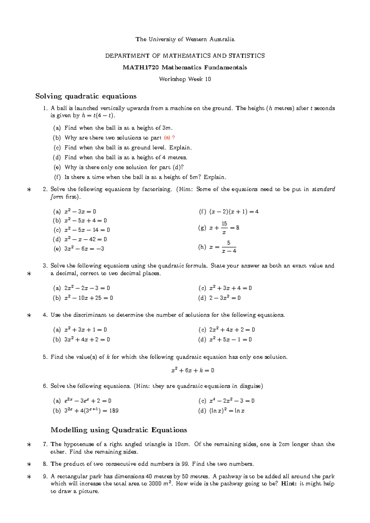 MATH1720 Workshop Week 10: Solving Quadratic Equations and Applications ...
