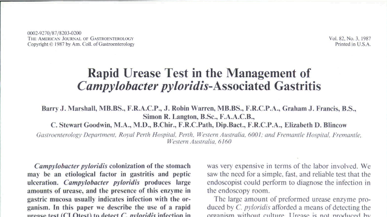 Rapid Urease Test for Campylobacter Gastritis Management (GASTRO 1987 ...